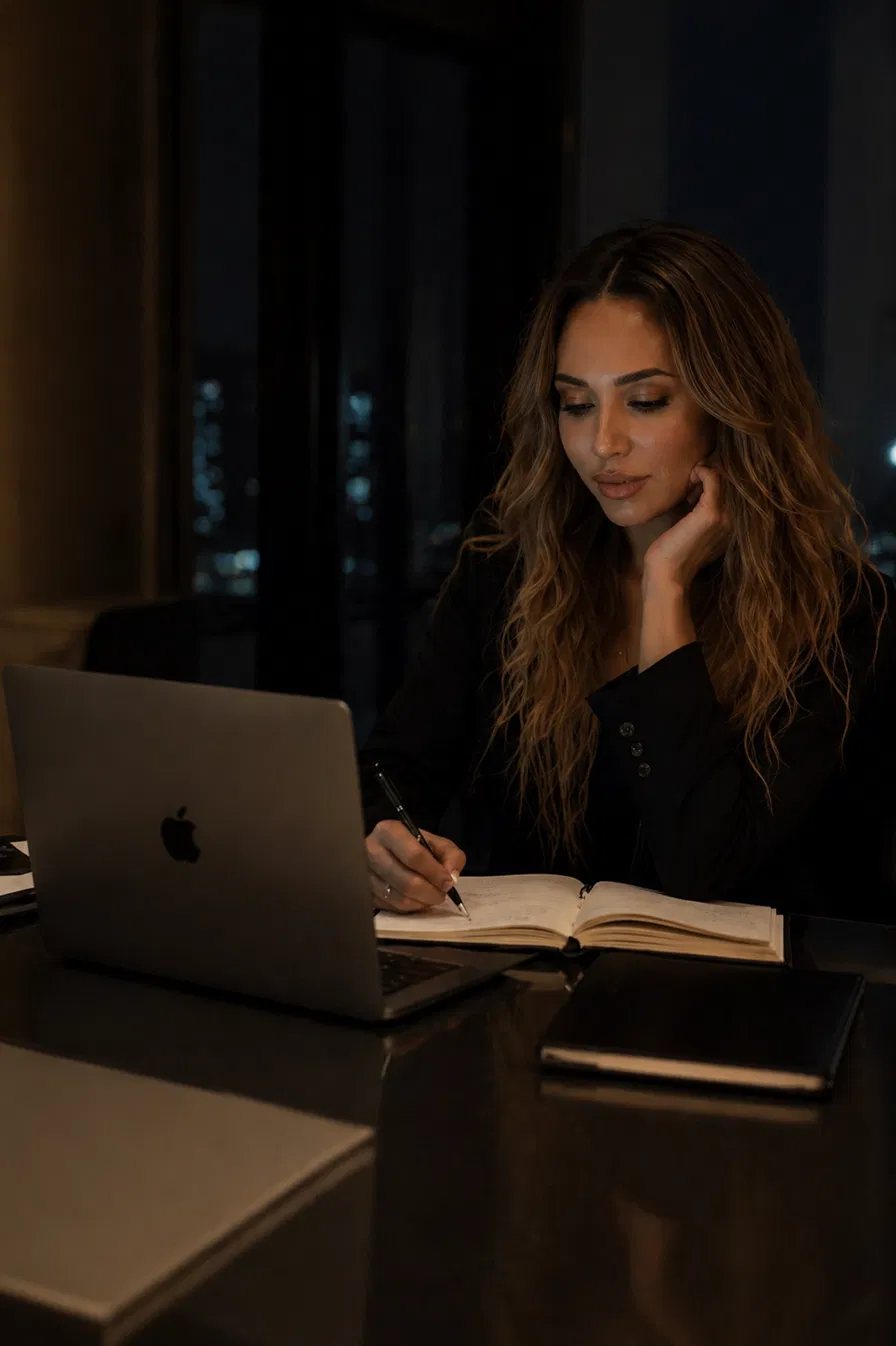 Mayra Bennett writing at her desk